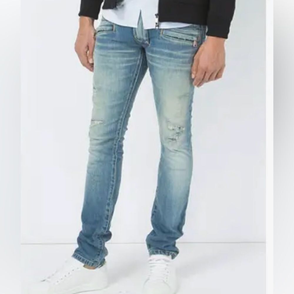 Balmain Zipper‎ Pocket Distressed Skinny Jeans Faded Blue 36 NWT